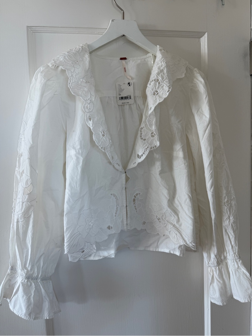 Free Peoplw White Embroidered Lace-Trim Top